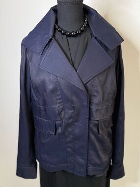 Etcetera Navy Cupro Jacket Blazer Size 6 Cropped Trench Lightweight